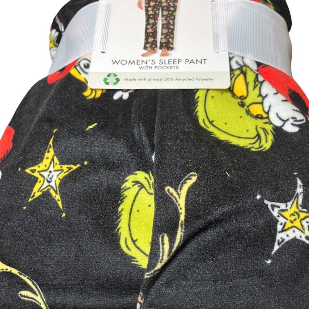 The Grinch Sleep Pants Women 2X Black New Christmas Fleece Lounge Dr Seuss - Picture 3 of 6